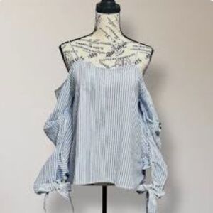 BNWT After Market Blue & White Striped Cold Shoulder Tie Sleeve Top Size S